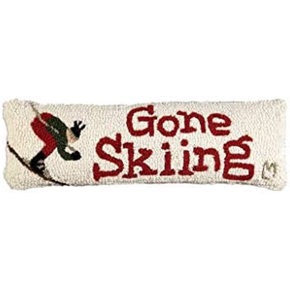 Artist-Designed Gone Skiing Hand-Hooked Wool Decorative Throw Pillow (8 in x 24 in) Ski Pillow for Couches & Beds - Low Maintenance Winter Lumbar Pillow for Cabins & Lodges
