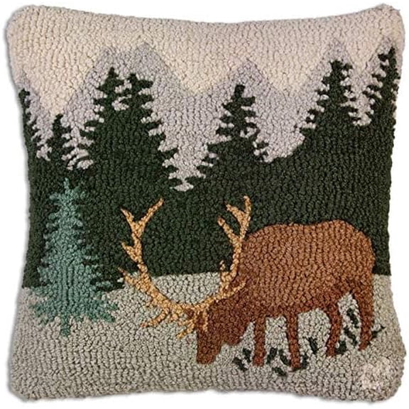 Artist-Designed Mountain Elk Hand-Hooked Wool Decorative Throw Pillow (18 in x 18 in) Wildlife Pillow for Couches & Beds - Easy Care & Low Maintenance - Nature & Moose Home Decor