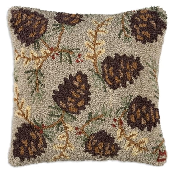 Artist-Designed Northwoods Cones Hand-Hooked Wool Decorative Throw Pillow (18 in x 18 in) Lake & Pillow for Couches & Beds - Low Maintenance Square Cabin Home Dcor