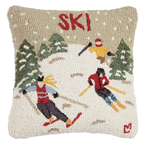 Artist-Designed Ski Hand-Hooked Wool Decorative Throw Pillow (18 in x 18 in) Ski Pillow for Couches & Beds - Easy Care & Low Maintenance - Square Winter Pillow for Cabins &