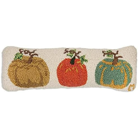 Artist-Designed Three Pumpkin Patch Hand-Hooked Wool Decorative Throw Pillow (8 in x 24 in) Farm & Garden Pillow for Couches & Beds - Easy Care & Low Maintenance Fall Themed Pillow