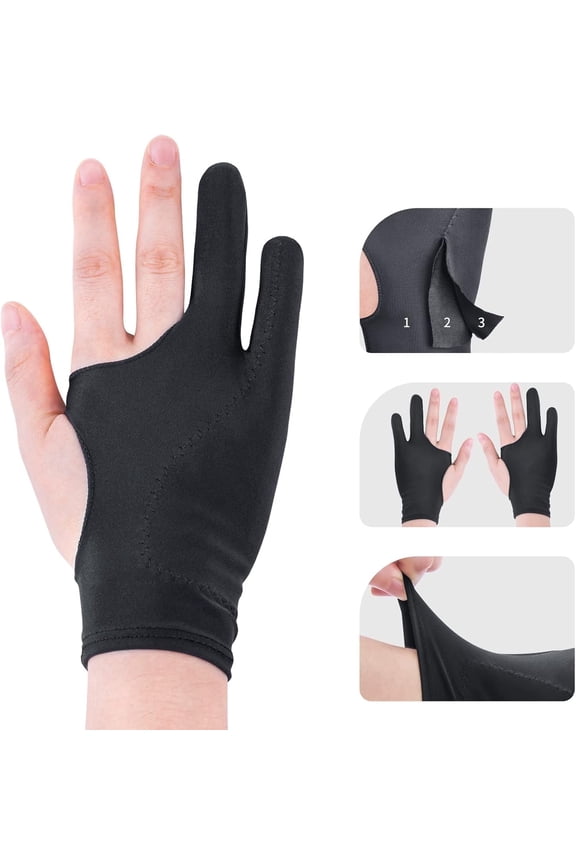 Artist Drawing Glove 3-Layer Palm Rejection [2 Pack Black] Right Left Hand Digital Art Graphic Tablet iPad Gloves Two Finger Smooth Elasticity Breathable for Stylus Pen Pencil Sketching Painting
