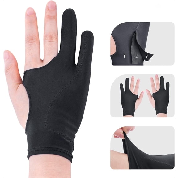 Artist Drawing Glove 3-Layer Palm Rejection [4 pc Black] Right Left Hand Digital Art Graphic Tablet iPad Gloves Two Finger Smooth Elasticity Breathable for Stylus Pen Pencil Sketching Painting