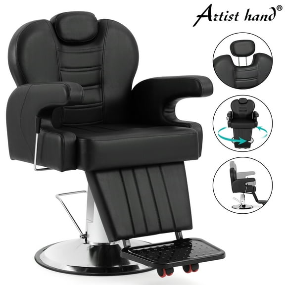 Artist Hand Black 360 Degree Swivel Reclining Barber Chair Heavy Duty Salon Chair with Hydraulic Pump for Barbershops
