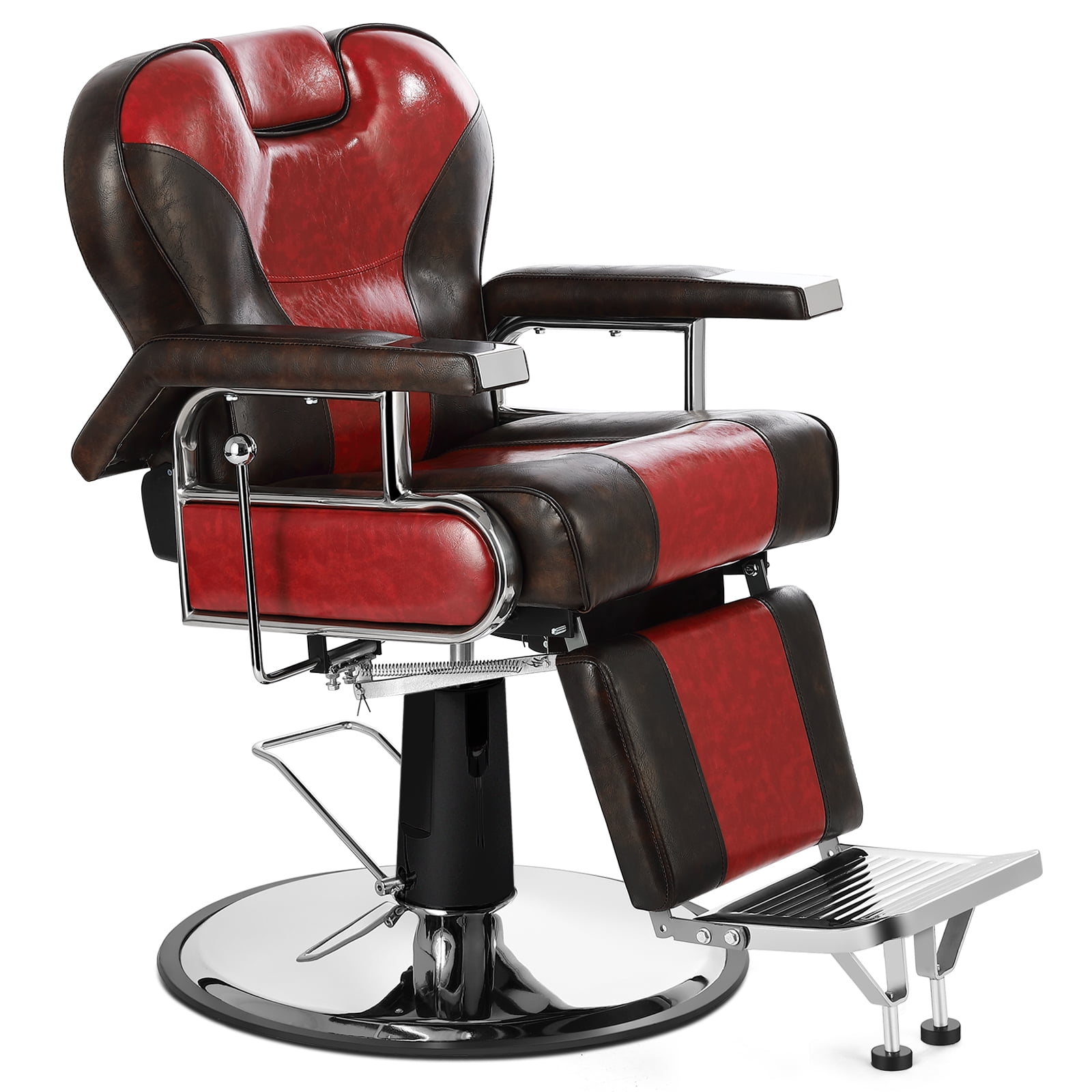 Red and Brown Faux Leather Reclining Barber Chair with Footrest