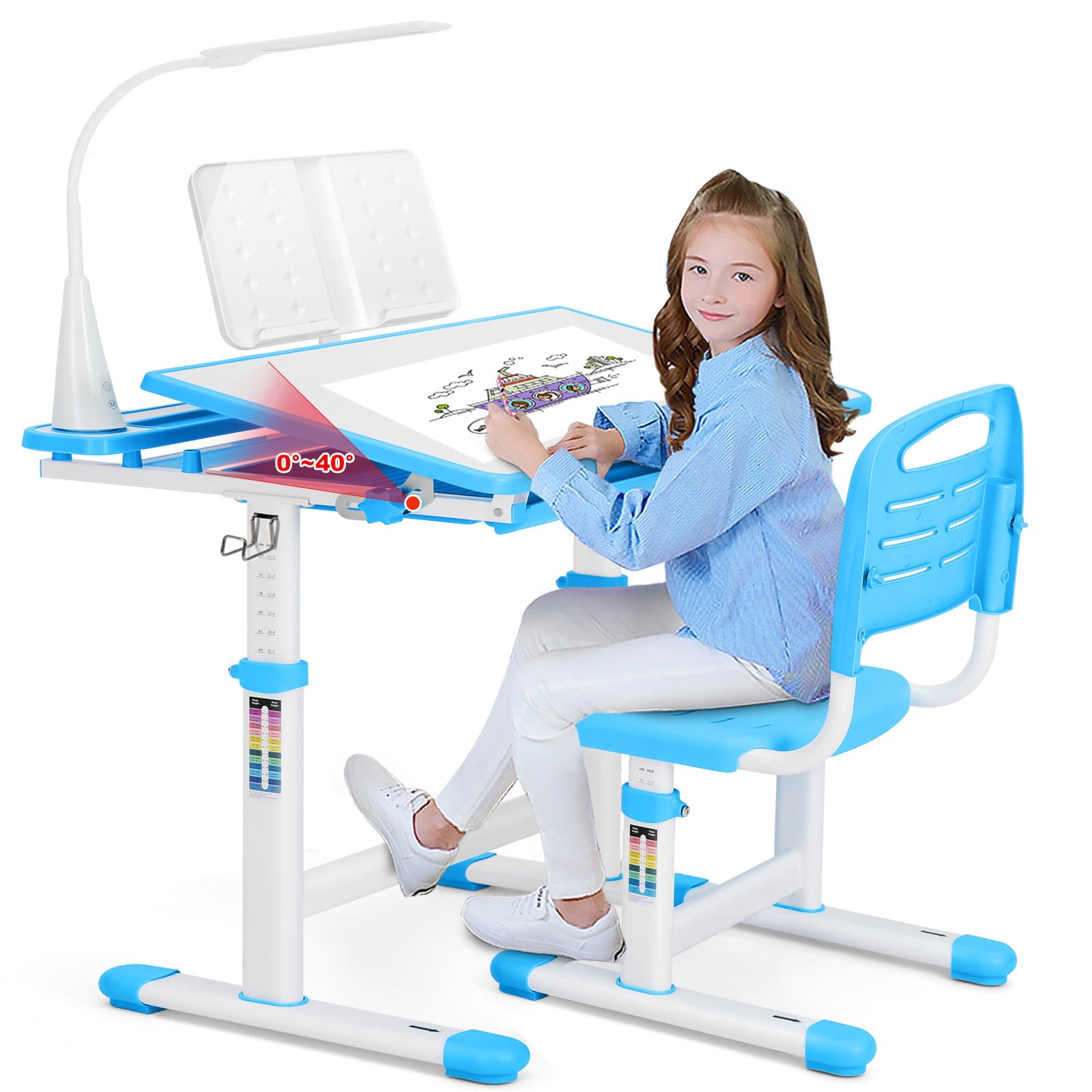 Artist Hand Kids Study Desk and Chair Set Height Adjustable Children Table Large Writing Board Desk with LED Lamp, Pull Out Drawer, Bookstand (Blue)