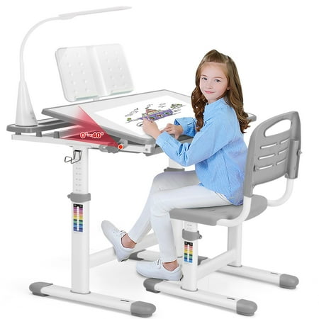 Artist Hand Kids Study Desk and Chair Set Height Adjustable Children Table Large Writing Board Desk with LED Lamp, Pull Out Drawer, Bookstand (Gray)