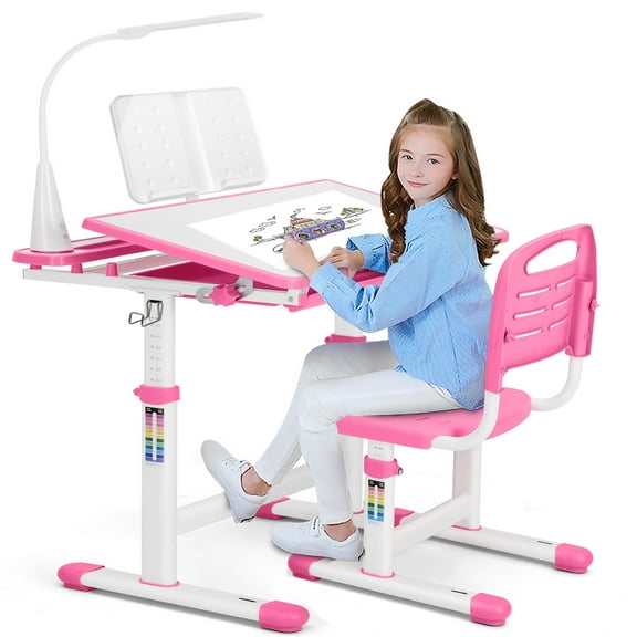 Artist Hand Kids Study Desk and Chair Set Height Adjustable Children Table Large Writing Board Desk with LED Lamp, Pull Out Drawer, Bookstand (Pink)