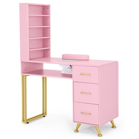 Artist Hand Manicure Table Nail Desk Station with Dust Collector, Arm Rest, Shelves, Leather Padded Walls
