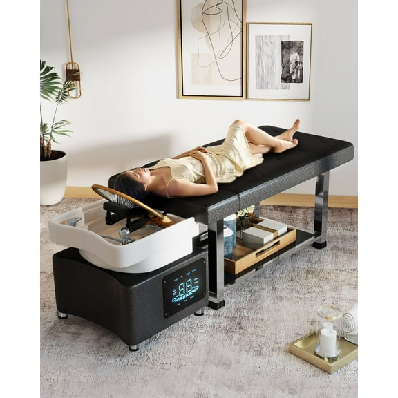 Artist Hand Massage Shampoo Bed with Head Spa Bowl,LED Lights Therapy,Water Circulation,Constant Temperature,Salon Beauty Backwash Unit(Black & Silver)