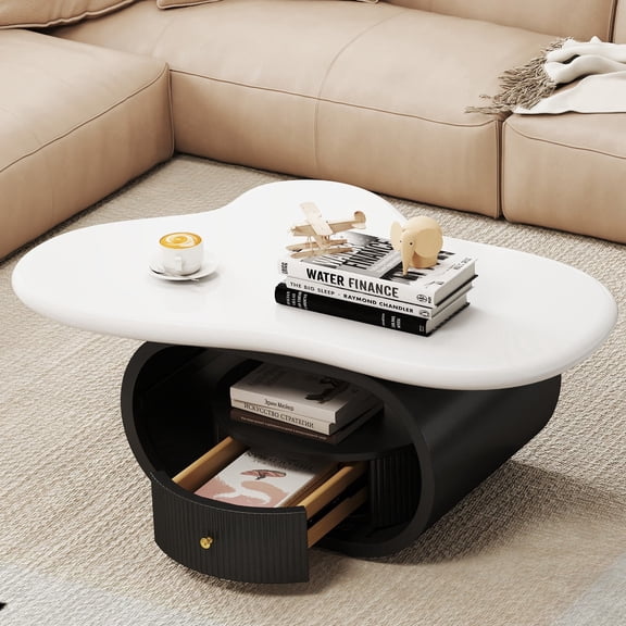 Artist Hand Modern 39" Irregular Cloud Coffee Table Center Table MDF Top Metal Base for Small Space with Storage Drawer,Open Shelf Living Room Home Office(Black White)