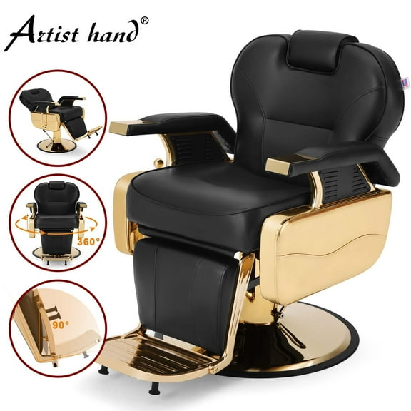 Artist Hand Reversible Foot Pedal Recliner Barber Chair Heavy Duty Hydraulic Salon Hair Stylist Tattoo (Black, Gold)