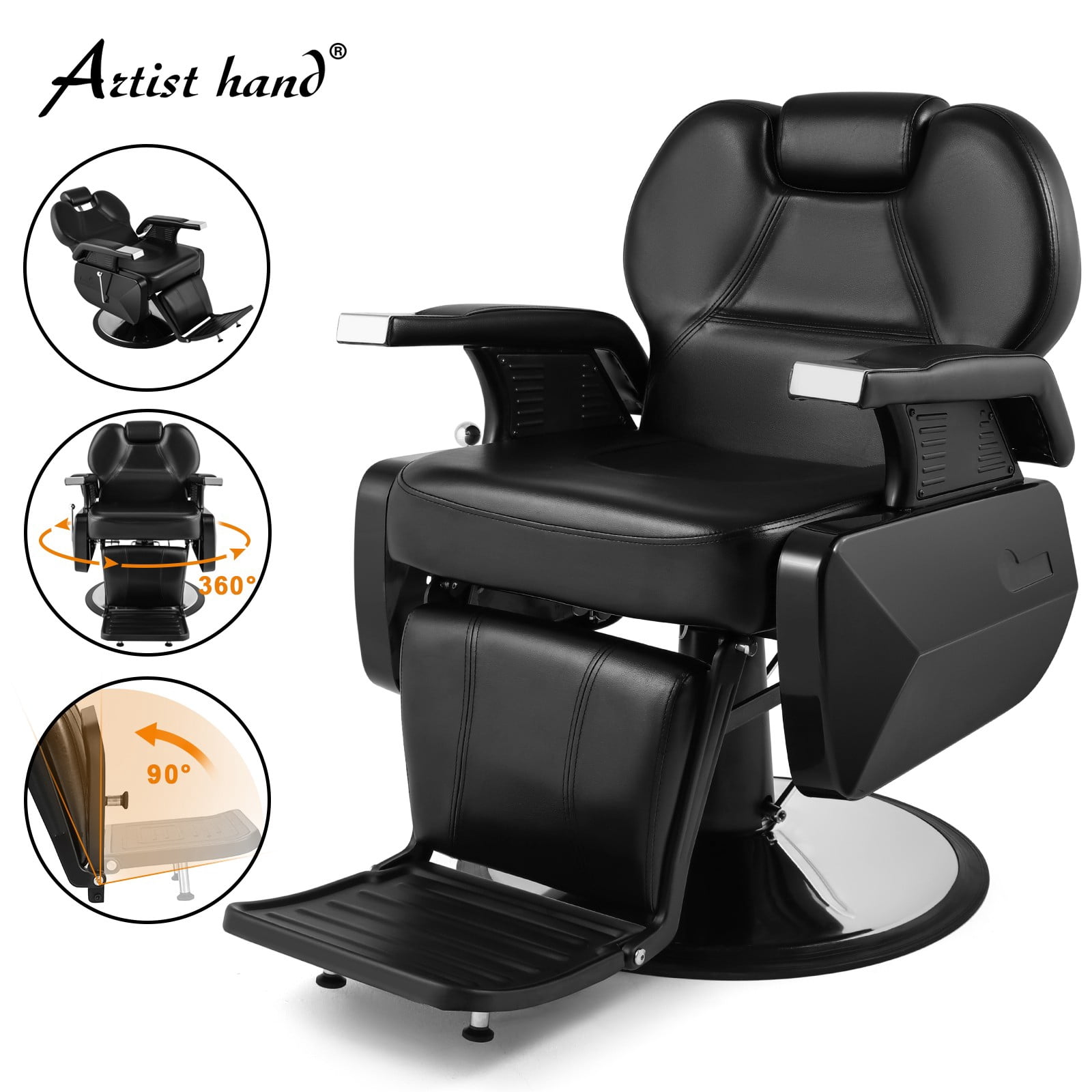 Artist Hand Reversible Foot Pedal Recliner Barber Chair Heavy Duty Hydraulic Salon Hair Stylist Tattoo (Black)