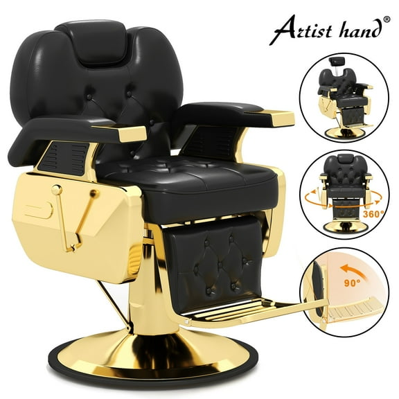 Artist Hand Reversible Foot Pedal Recliner Barber Chair Heavy Duty Hydraulic Salon Tattoo (Black, Gold)
