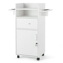 Artist Hand Salon Station Cabinet Trolley Cart Hair Stylist with Wheels, Cabinets, Storage, 6 Holders (White)