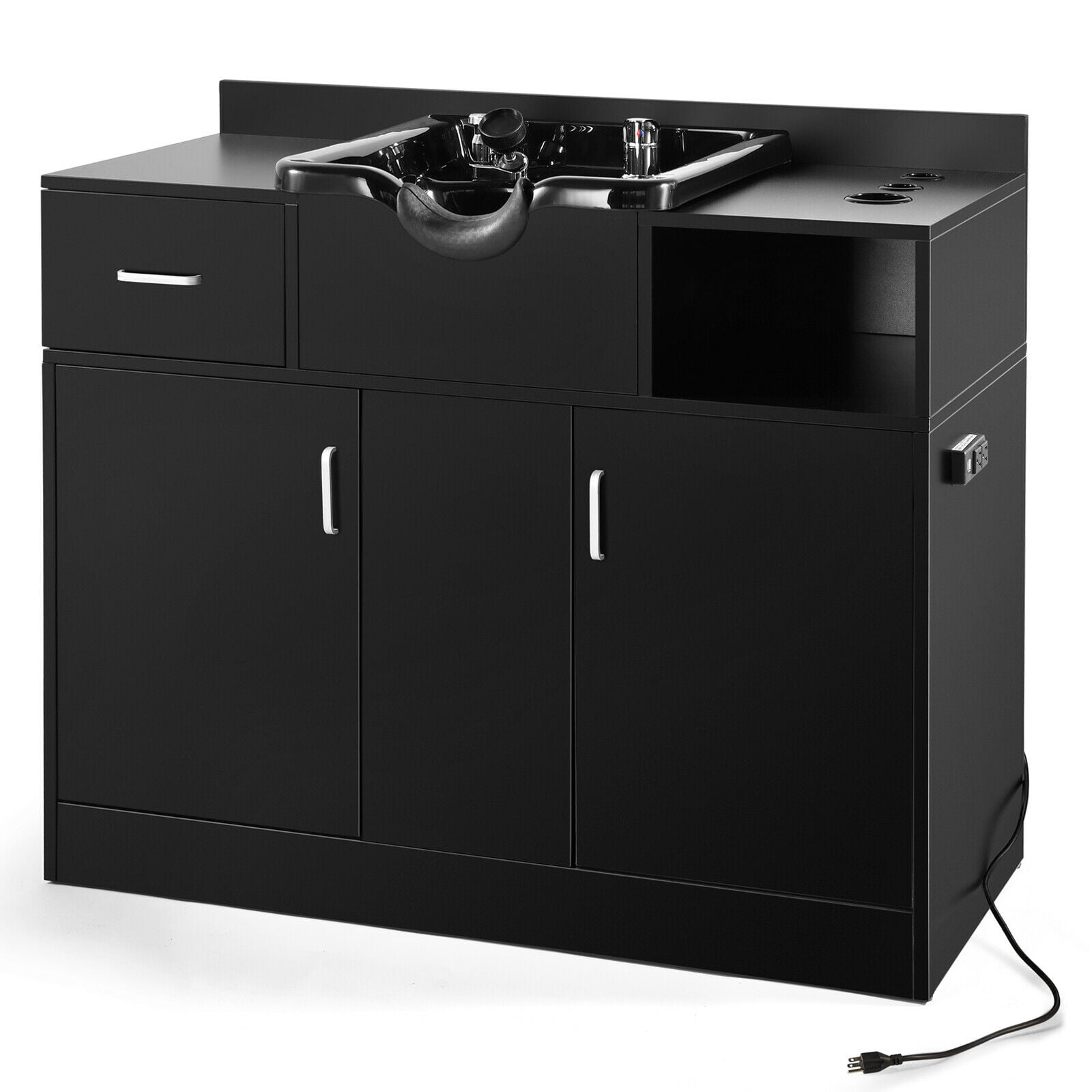 Artist Hand Shampoo Station with Bowl and Drawer, All in One Hair Salon Sink Backwash with USB, Hair Dryer Holes and P Trap