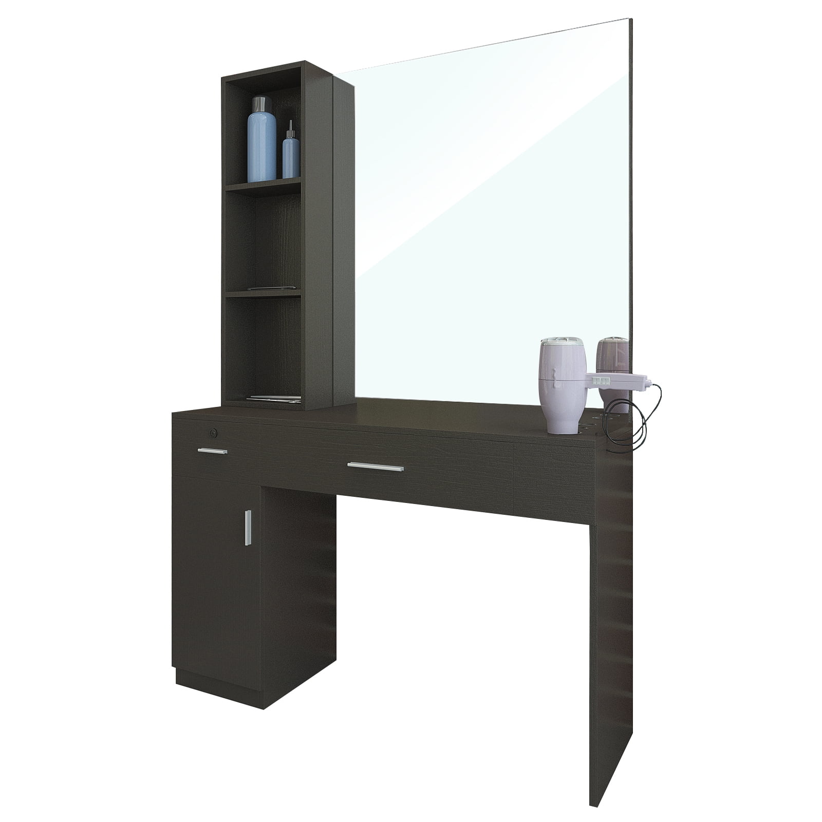 Black Engineered Wood Salon Station with Mirror and Shelves