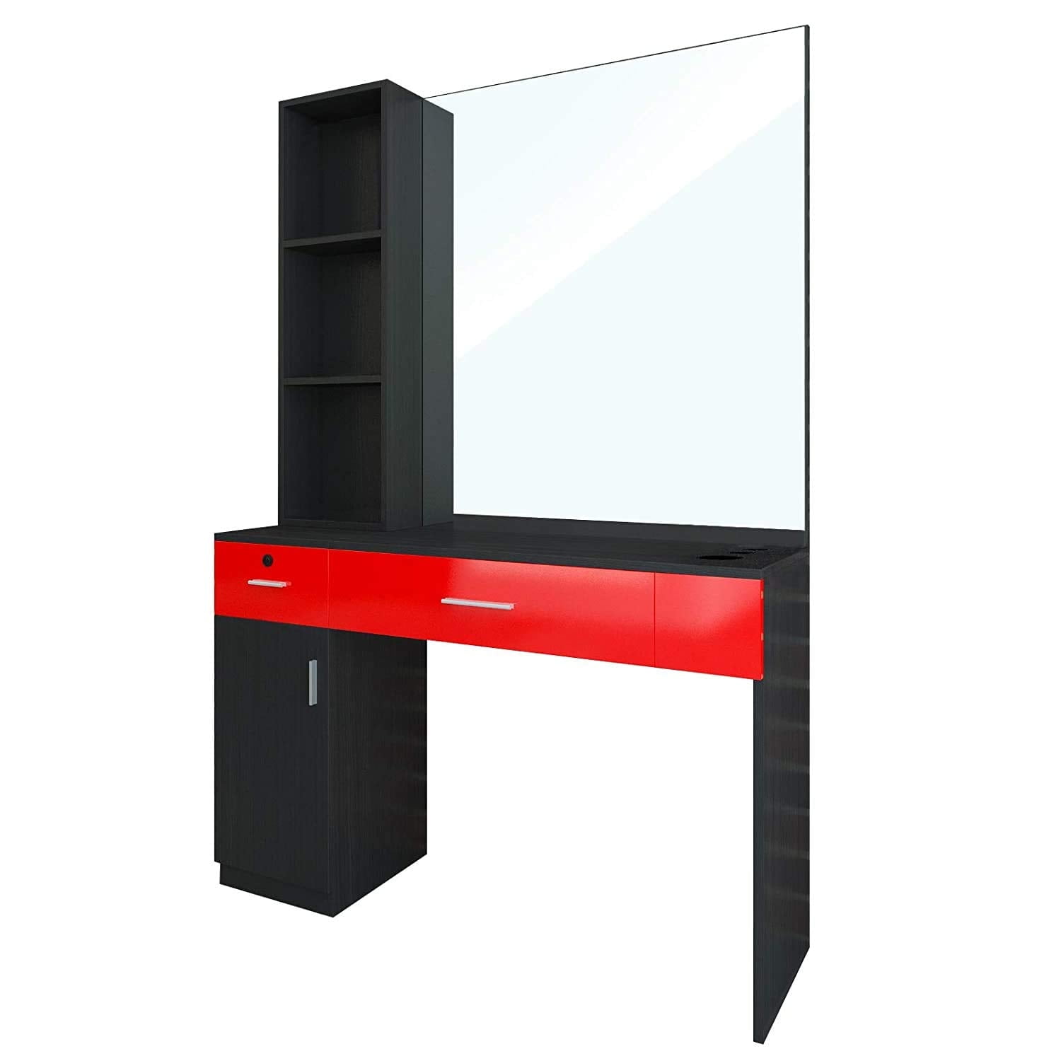 Black and Red Particle Board Wall Mount Barber Station with Mirror