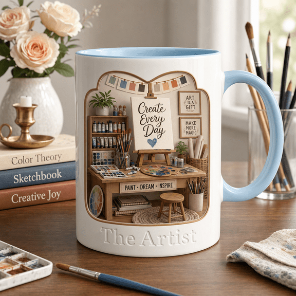 Artist Mug 3D Effect Creative Studio Coffee Cup, Thoughtful Artist Gift