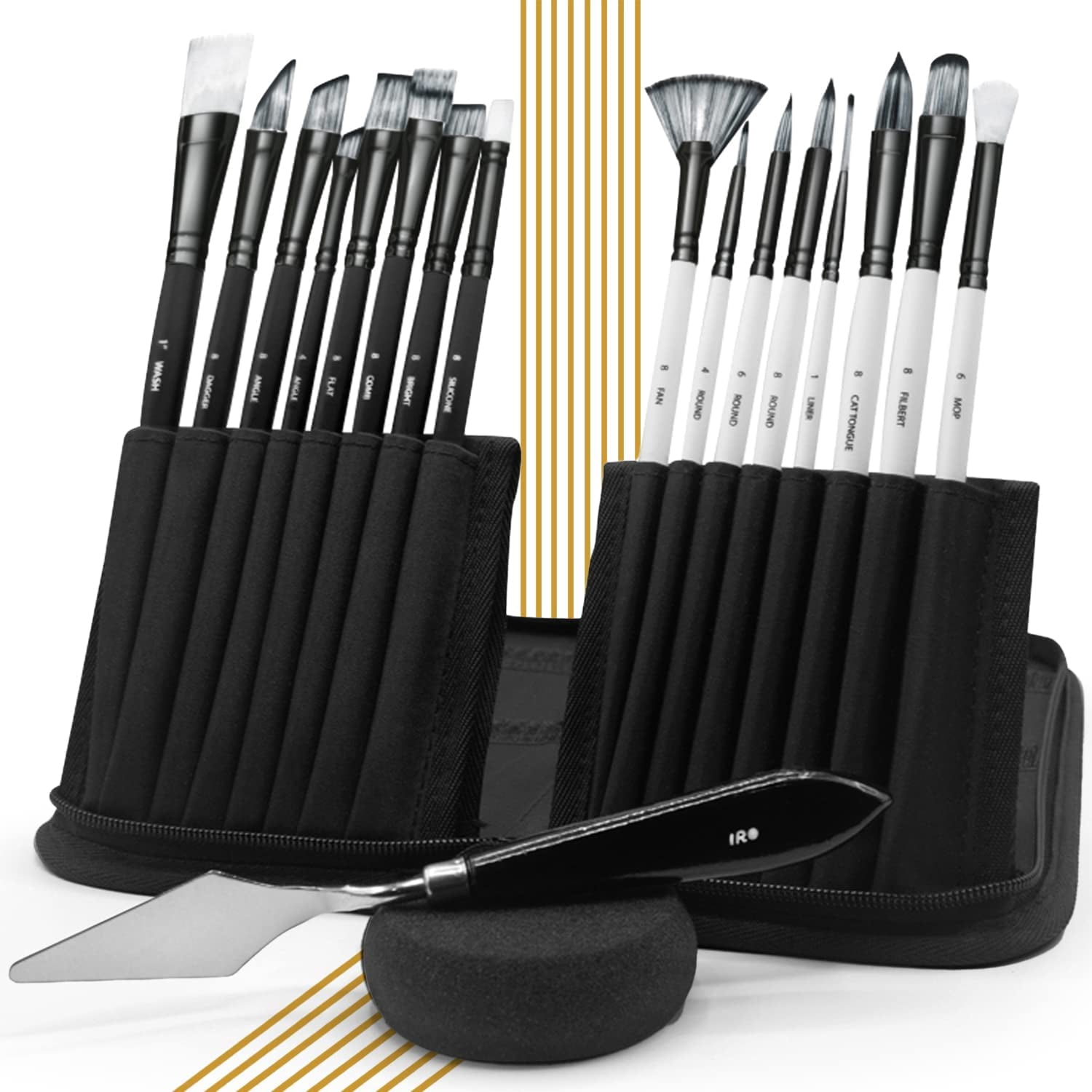 Artist Paint Brush Set of 15 Professional Flat Paint Brushes for Acrylic Painting and Oil Paints. Round Watercolor Paint Brushes and Gouache. Painting Set for Adults Kids. Knife, Sponge, Case