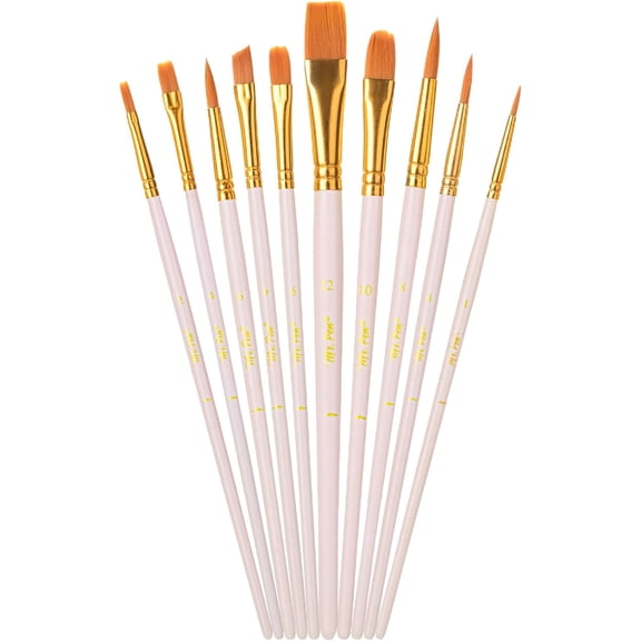 - Artist Paint Brushes for Acrylic Painting, 10 pcs, Beige Ergonomic Wooden Handle, Synthetic Bristles in Different Sizes & Shapes, Watercolor Brushes