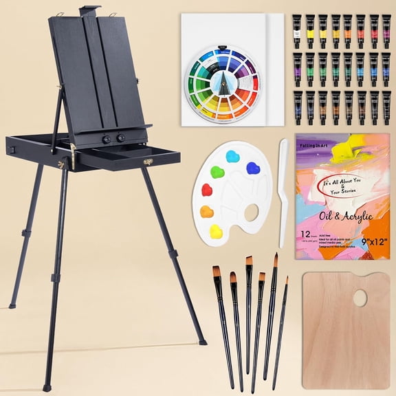 Artist Painting Set with French Easel 37Pcs Professional Easel Kit with Canvas Paintbrush Paints Suitable for Adults Artists and Beginners Black