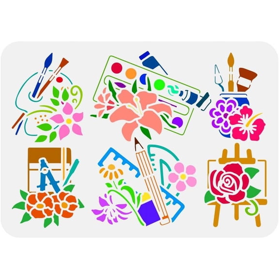 Artist Plant Painting Stencil 8.3x11.7inch Floral Palette Paintbrush Stencil Rose Flower Drawing Board Stencil Pen Ruler Pencil Template Artist Flower Stencil for Painting on Wood Wall DIY