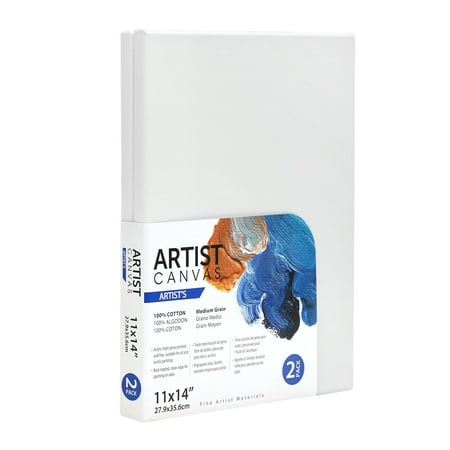 Artist Stretched Canvas, 100% Cotton Acid Free White Canvas, 11"X14", 2 Pieces, Vendor Labelling, Artist Grade, Great Chioce for Artists