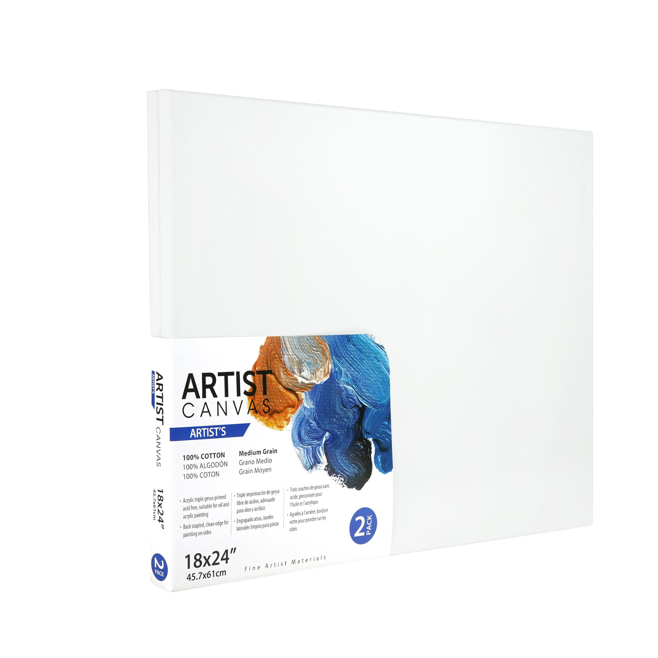 Artist Stretched Canvas, 100% Cotton Acid Free White Canvas, 18"X24", 2 Pieces, Deluxe Canvas, Ideal for Art Students, Educators, Artists and Professionals.