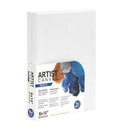 Artist Stretched Canvas, 8"X10", 2 Pack, 100% Cotton Acid Free, White, Deluxe Canvas, For All Skill Levels