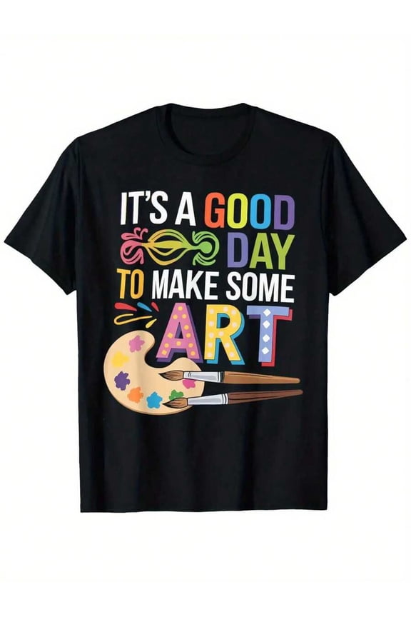Artist T-Shirt - Black With Colorful Paint Splatter & Art Supplies Design, Breathable Cotton Stretchable Fabric, Casual Crew Neck Short Sleeve