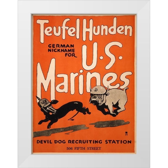 Artist, Unknown 20th Century American 25x32 White Modern Wood Framed Museum Art Print Titled - Teufel Hunden, German Nickname for U.S. Marines, 1917