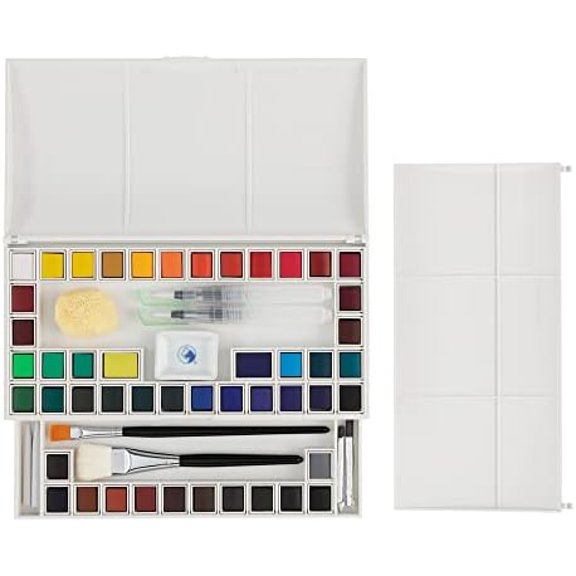 Artist Watercolor Paint Set - Professional Plein Aire Kit High Pigment & Brushes for Artsits, Painters, Students, & More! - 48 Half Pans Assorted Colors$$Art & Craft