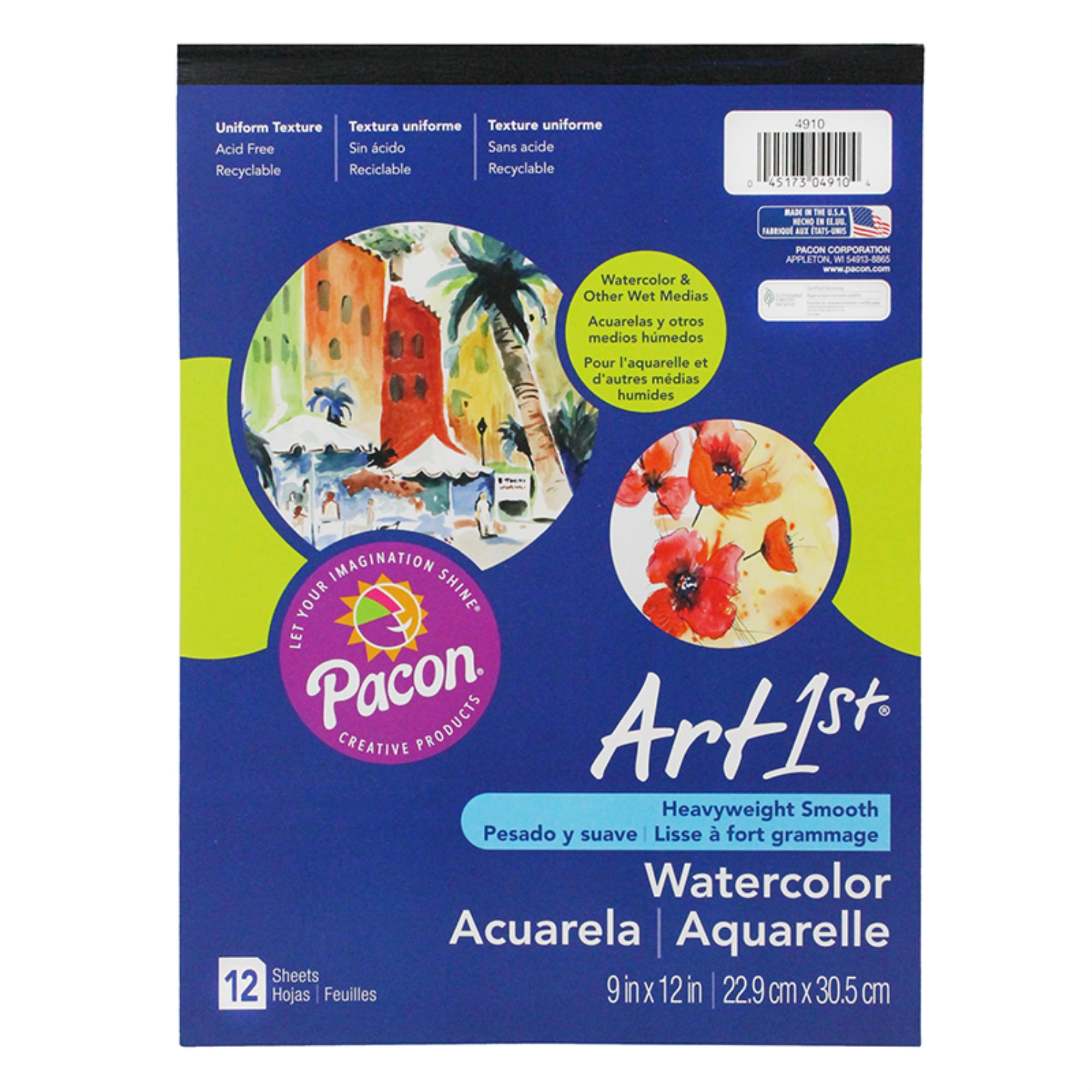 Artist Watercolor Paper Pad, Unruled, Yellow Cover, 12 White 9 x 12 Sheets Artist Watercolor Paper Pad, Unruled, Yellow Cover, 12 White 9 x 12 Sheets