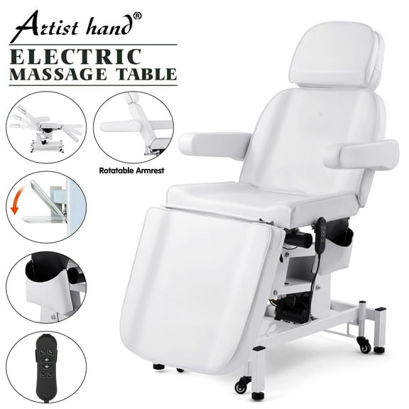Artist hand 110V 3 Motor Electrical Facial Bed Removable Massage Table Medical Beauty Salon Tattoo Chair Rotatable Armrests w/Wheels,Remote Control(White)