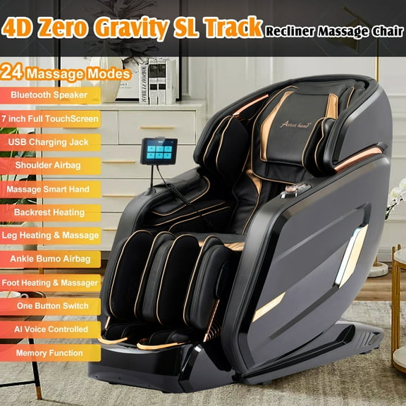 Artist hand 4D Full Body Zero Gravity Massage Chair Recliner SL Track,AI Voice,Heat,Bluetooth,USB Charging,Memory Function,24 Modes(Black)
