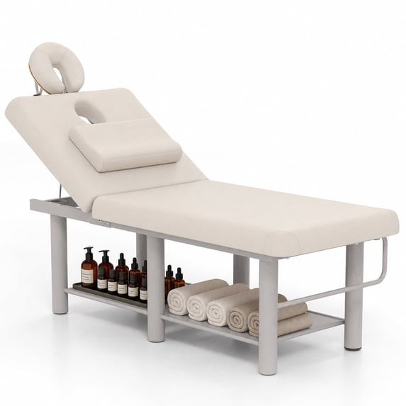 Artist hand Facial Spa Bed Stationary Massage Table Beauty Salon Tattoo Medical Treatment Bed Adjustable Backrest with Headrest(White)