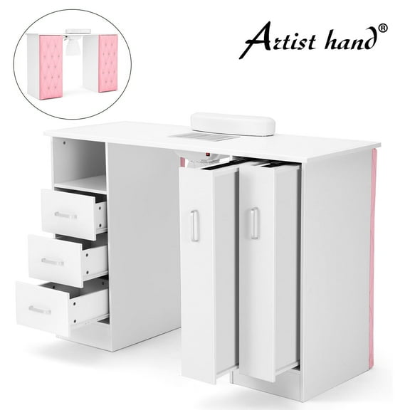 Artist hand Nail Desk Manicure Table Beauty Salon Workstation with Dust Collector,Multi-tier Storage Cabinet,Drawers,Wrist Cushion(White & Pink)