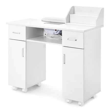 Artist hand Nail Table Manicure Table Nail Desk Beauty Workstation w/Dust Collector,Storage Rack,Drawers,Wrist Cushion,Lockable Wheels(White)
