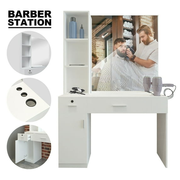 Artist hand Wall Mount Salon Barber Station Beauty Spa Hair Styling Equipment with Mirror,Shelf,Drawer,Cabinet(White)