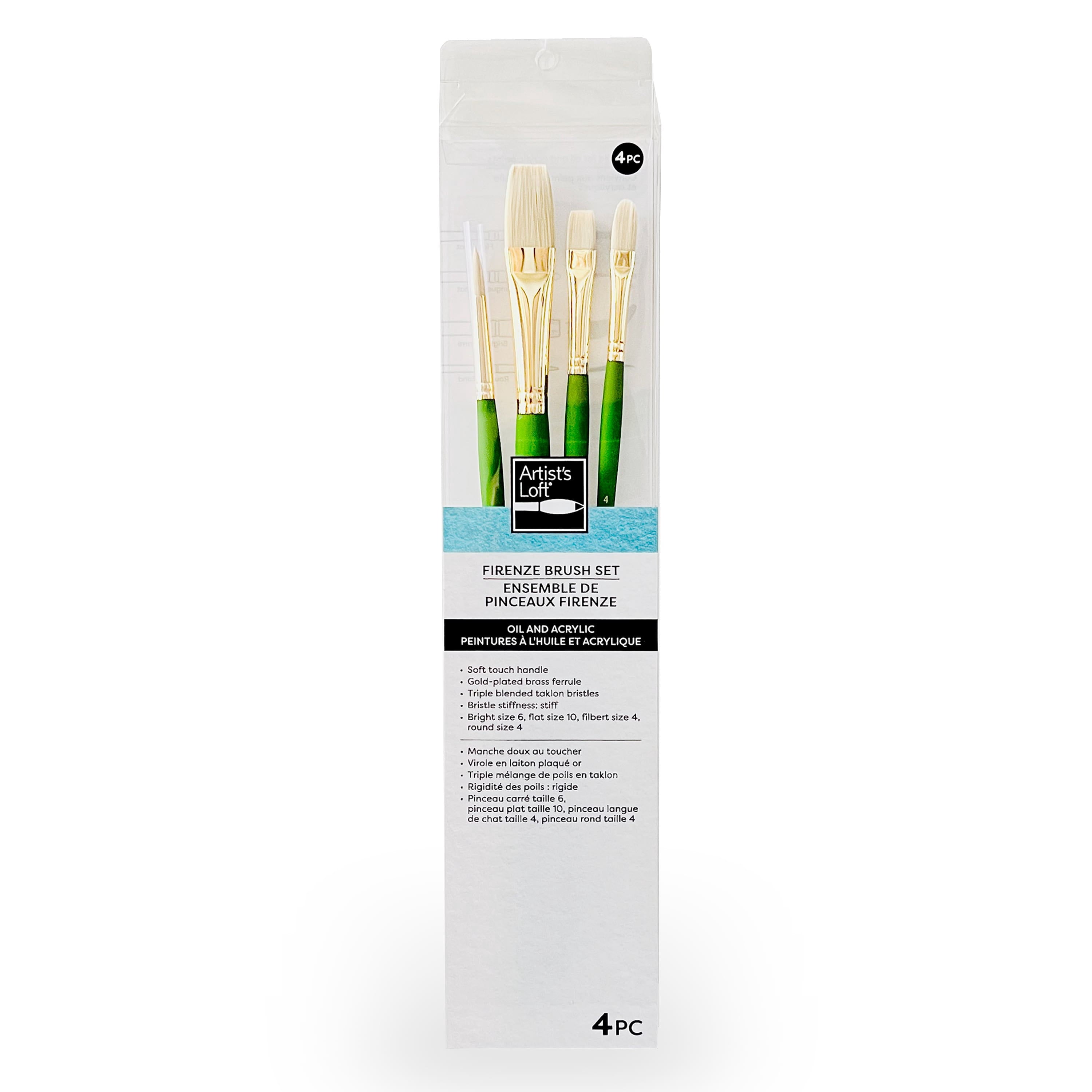 Artist's Loft Long Handle Paint Brush Set - Stiff Triple-Blended Taklon, Assorted Shapes, 4-Piece