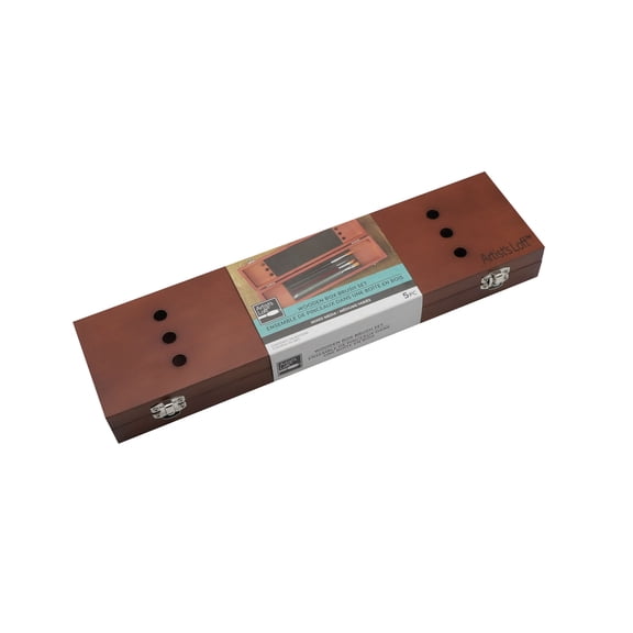 Artist's Loft Professional 4-Piece Paint Brush Set with Stained Pine Storage Box - Multi-Media Synthetic Bristles - Natural Wood - 5-Piece Set