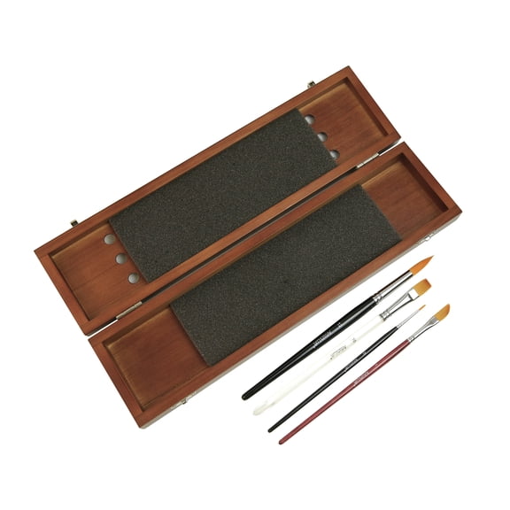 Artist's Loft Professional 4-Piece Paint Brush Set with Stained Pine Storage Box - Multi-Media Synthetic Bristles - Natural Wood - 5-Piece Set