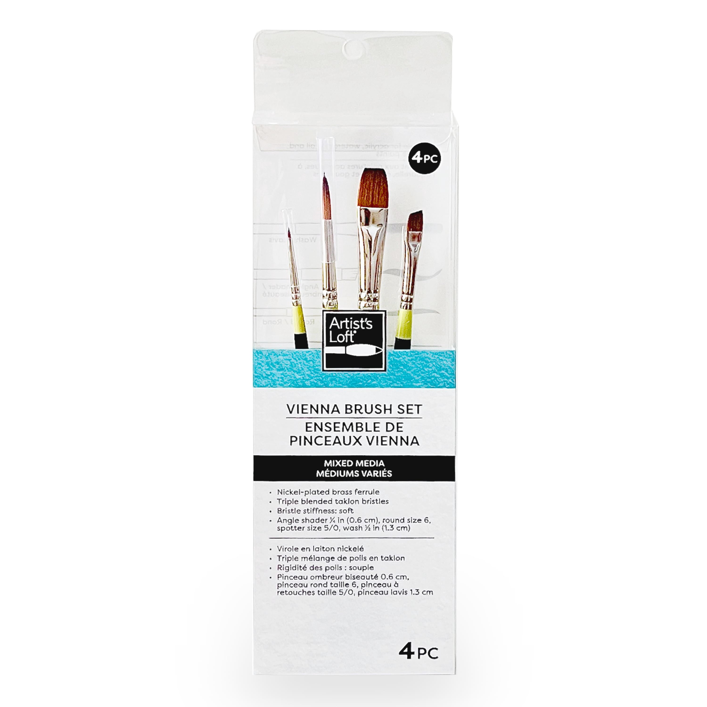 Artist's Loft Short Handle Paint Brush Set, Soft Triple-Blended Taklon, Assorted Shapes, 4-Piece