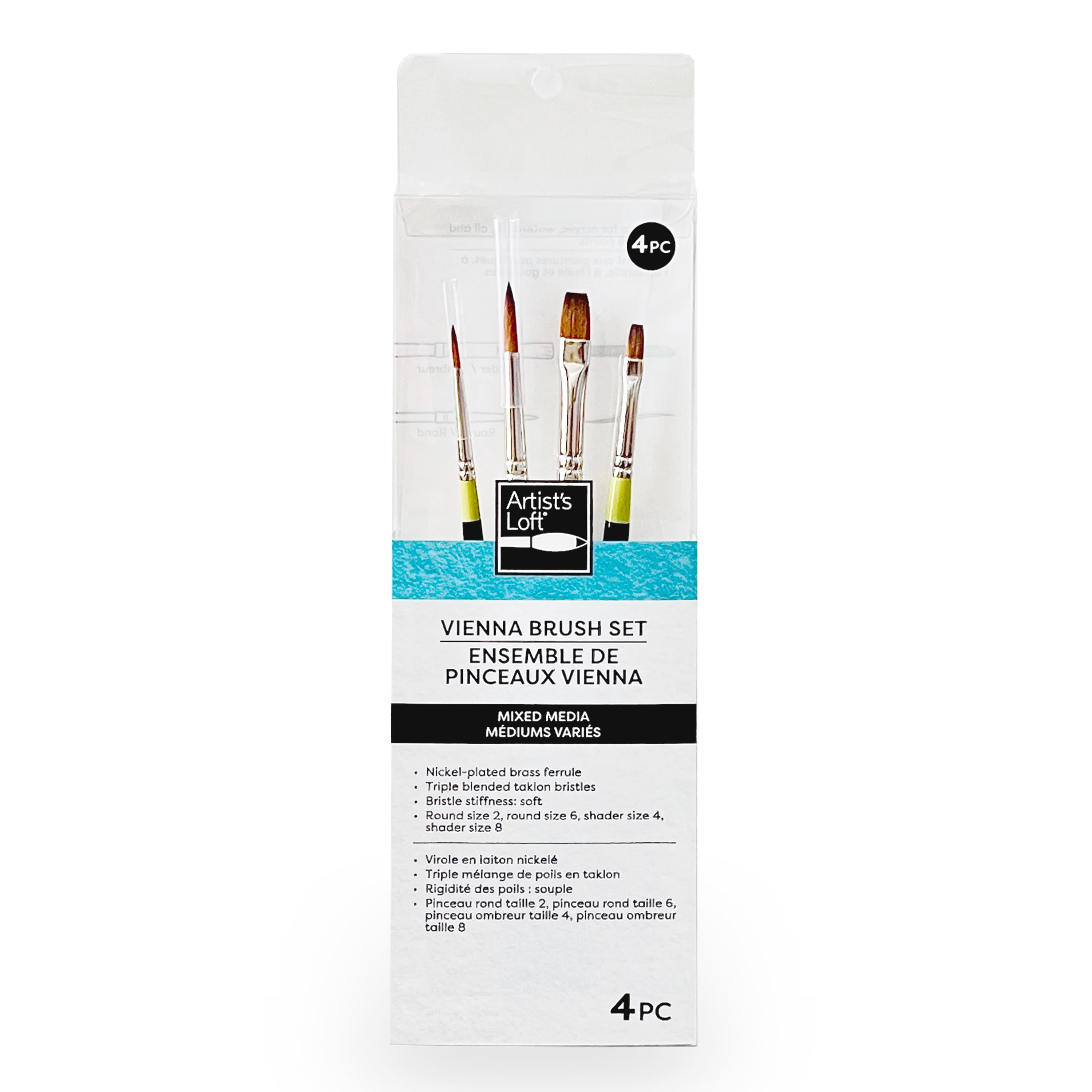 Artist's Loft Short Handle Paint Brush Set - Soft Triple-Blended Taklon, Assorted Shapes, 4-Piece