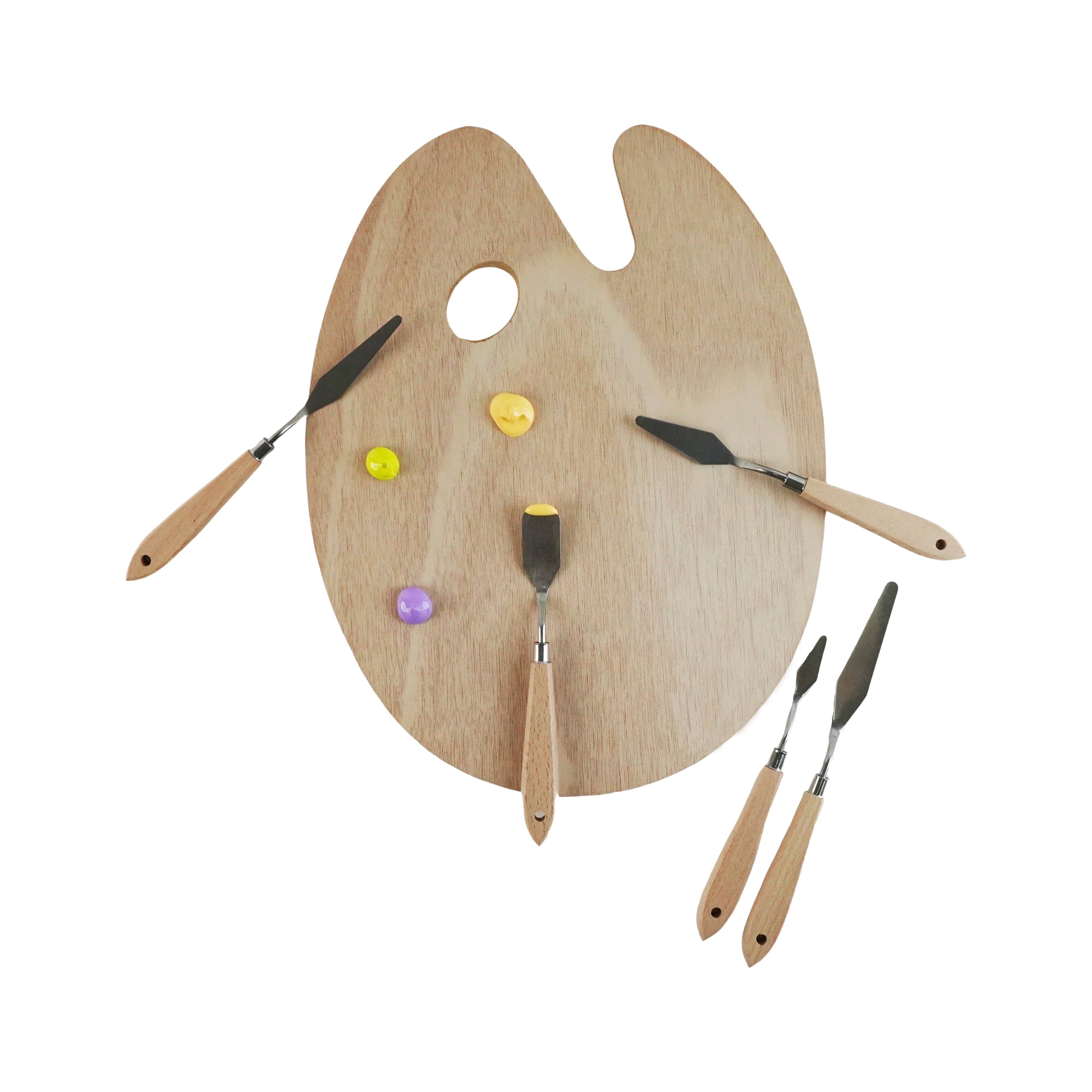 Artist's Loft Wood Paint Palette and Palette Knife Set - Ergonomic Oval Artist Tray with Stainless Steel Tools - Natural - 6-Piece Set