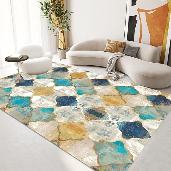 Artistic Abstract Area Rug.Lattice-Lake Blue,Suitable For Bedroom,Living Room,Apartment,Machine Washable Non-Slip Soft Modern Interior Rug,Smudge-Proof,Non-Shedding 2x3ft