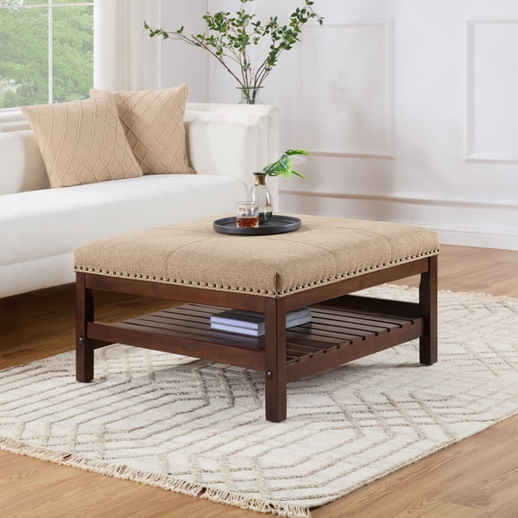 Artistic Accomplishment Coffee Table Ottoman with Storage, Soft Fabric Upholstery, Nailhead Trim, Padded Seat, Slatted Shelf for Display, Easy Assembly