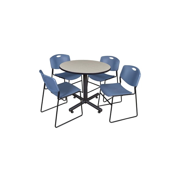 Artistic Accomplishment Round Breakroom Table in Maple with 4 Blue Stack Chairs Featuring Refined Design and Durable Seating for Break Areas