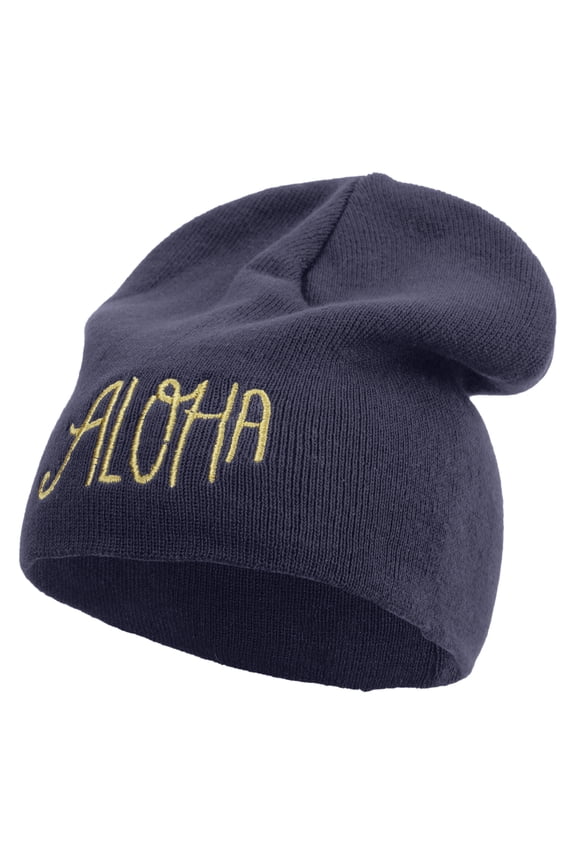 Artistic Aloha Logo Embroidered Big Size Superior Cotton Short Knit Beanie - Navy XL-3XL